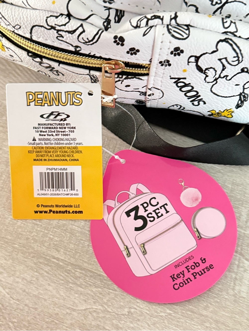 NWT Peanuts Snoopy Woodstock Mini Backpack 3 Pc Set Coin Purse Heart Charm - Picture 6 of 10